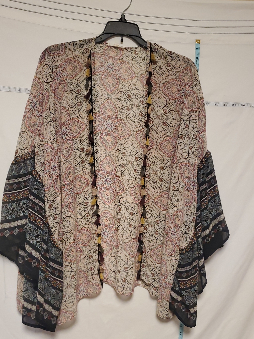 Mystree Multicolor Paisley Open Front Kimono Shrug M/L Tassels Boho Cover Up